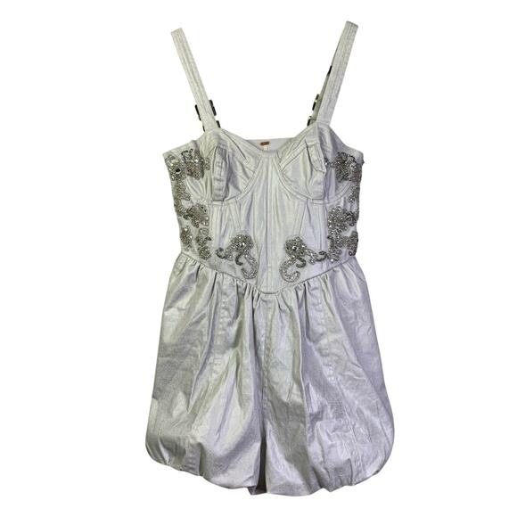 FREE PEOPLE Romper Janelle Bubble Style Size 4‎ Metallic Silver Hidden Side Zip - Picture 1 of 16
